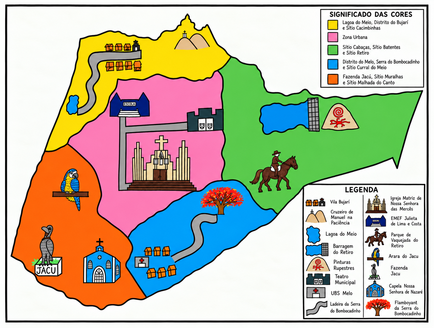 Prévia do mapa social de Cuité elaborado a partir da representação dos estudantes, com cinco áreas coloridas e uma legenda de símbolos.